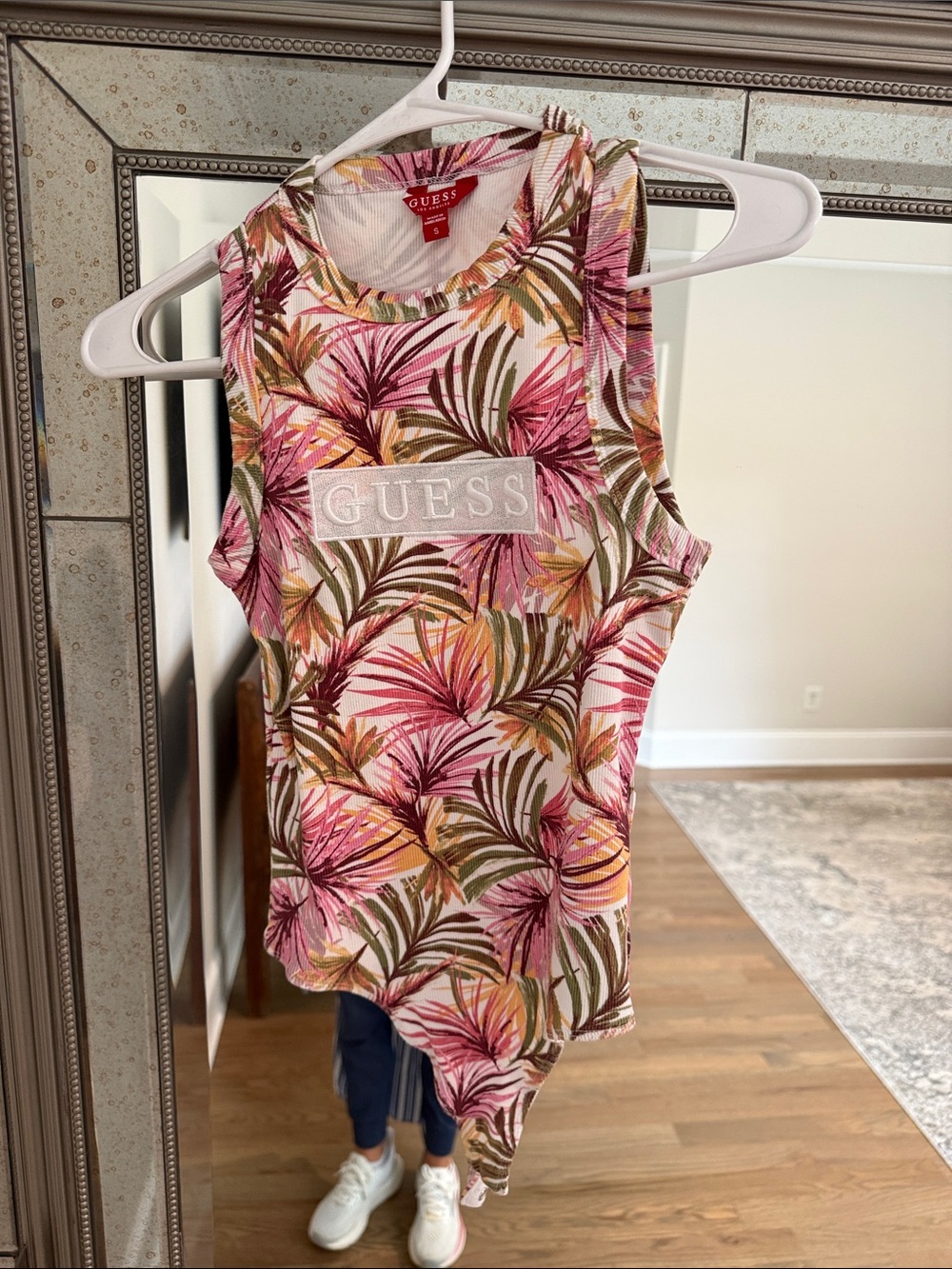 GUESS Tropical Leaf Print Sleeveless Tank in Pink and Olive bodysuit